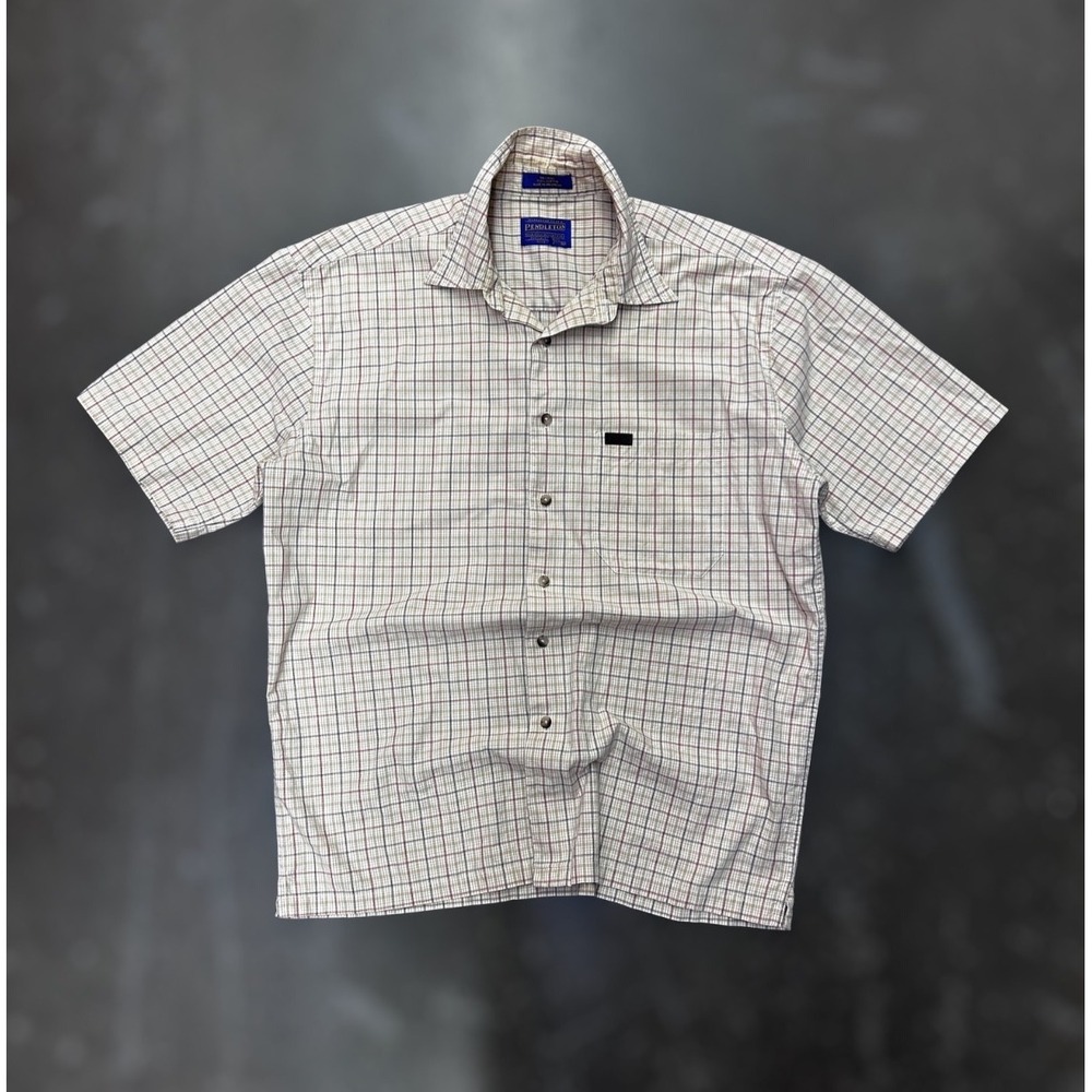 Pendleton Woolen Mills Plaid Button Up Shirt Men's Medium Beige Check Cotton